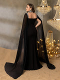 Plus Size Gorgeous Square Neck Cape Evening Gown - Mermaid Dress with Sheer Overlay