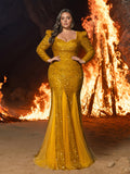 Plus Square Neck Sequin Evening Gown | Puff Sleeve & Mermaid Hem with Mesh Insert