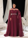 Plus Dramatic Cape Evening Dress | High Neck Chiffon with Rhinestone Details