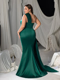 Plus Asymmetric One-Shoulder Satin Mermaid Gown with Floral Rhinestone & High Slit