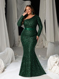 Plus Sequin Evening Gown with Asymmetrical Sleeves – One-Shoulder Luxury Dress for Red Carpet, Formal Galas & High-End Events, 1XL-3XL