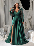 Plus Satin A-line Evening Gown with V-Neck, Tulle Puff Sleeves and High Slit