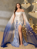 Plus Graphic Sequin Evening Gown with Translucent Sleeves and High Slit – Mermaid Silhouette for Luxury Weddings or Galas, 1XL-3XL