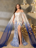 Plus Graphic Sequin Evening Gown with Translucent Sleeves and High Slit – Mermaid Silhouette for Luxury Weddings or Galas, 1XL-3XL
