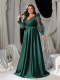 Plus Satin A-line Evening Gown with V-Neck, Tulle Puff Sleeves and High Slit