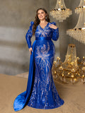 Plus Sequin Embroidered V-Neck Mermaid Gown | Long Sleeve with Wide Belt & Sweep Train