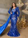 Plus Sequin Embroidered V-Neck Mermaid Gown | Long Sleeve with Wide Belt & Sweep Train