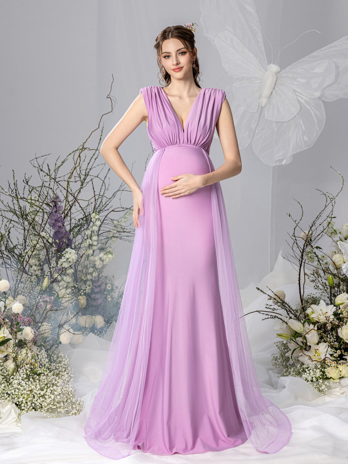 Maternity Plunging Neck Sleeveless Contrast Mesh Party Dress