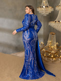 Plus Sequin Embroidered V-Neck Mermaid Gown | Long Sleeve with Wide Belt & Sweep Train