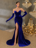 Elegant Ruched Wrap Hem Velvet Tube Prom Dress（Gloves Included）