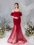 Maternity Puff Sleeve Mermaid Hem Velvet Cami Dress