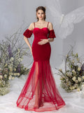 Maternity Puff Sleeve Mermaid Hem Velvet Cami Dress