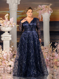 Plus Womens' Elegant Lace & Sequin Evening Gown - V-Neck Long Sleeve Design with Cinched Waist & Flowing A-Line Skirt for Coastal Weddings, Luxury Evening Events
