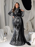 Plus Sequined High-Neck Long-Sleeve Mermaid Gown with Satin Drapes & Tail