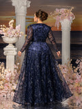 Plus Womens' Elegant Lace & Sequin Evening Gown - V-Neck Long Sleeve Design with Cinched Waist & Flowing A-Line Skirt for Coastal Weddings, Luxury Evening Events