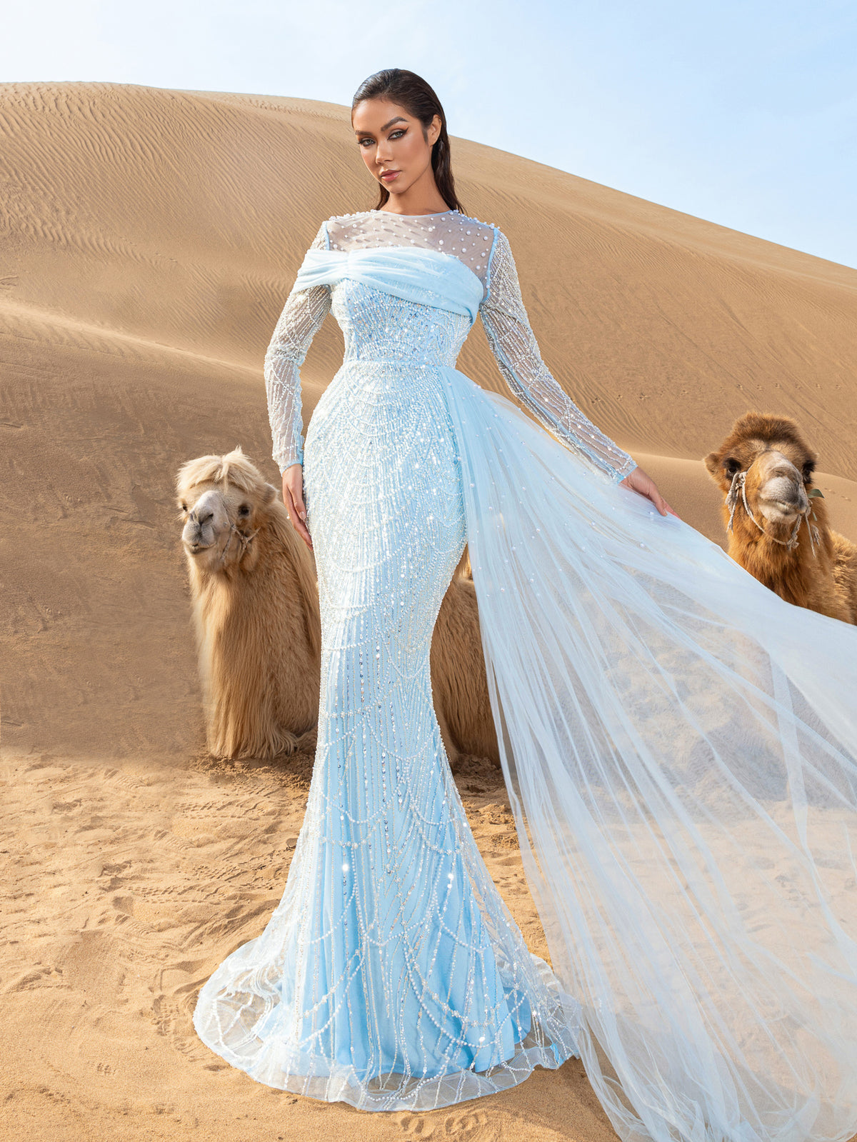 Luxury Gorgeous Pearl Embellished Draped Side Mermaid Hem Beaded Evening Dress