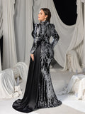 Plus Sequined High-Neck Long-Sleeve Mermaid Gown with Satin Drapes & Tail