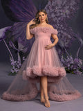 Plus Maternity  Off Shoulder High Low Hem Ruffle Trim Tulle Photography Dress