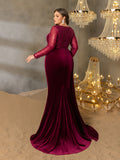Plus Elegant Sweetheart Neck Contrast Sequin Mermaid Hem Velvet Evening Dress
