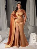 Plus Satin Deep V-Neck Long Sleeves Evening Gown - Formal Dresses with High Slit
