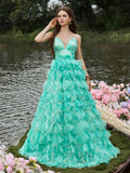 Elegant Plunging Neck Ruffle Layered Hem Floral Tulle Slip Prom Dress