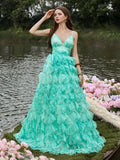 Elegant Plunging Neck Ruffle Layered Hem Floral Tulle Slip Prom Dress