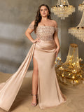 Plus Off-Shoulder Gown with High Slit & Beaded Bodice – Luxury Satin Evening Wear for Red Carpet, Formal Galas & Luxury Weddings, 1XL-5XL