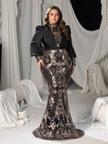 Plus Floral Sequin High-Neck Mermaid Gown with Voluminous Puff Sleeves