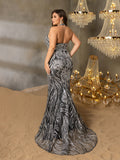 Plus Elegant Halter Neck Backless Floral Sequin Mermaid Dresses