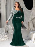 Plus Velvet Mermaid Gown with Sweetheart Neckline, Long Sleeves and Sequins Embroidery