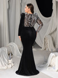 Plus Velvet Mermaid Gown with Sweetheart Neckline, Long Sleeves and Sequins Embroidery