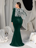 Plus Velvet Mermaid Gown with Sweetheart Neckline, Long Sleeves and Sequins Embroidery