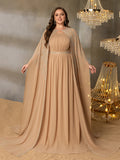 Plus Gorgeous Two-Piece Chiffon Evening Dress | Rhinestone Cape Sleeves & A-Line Skirt with Cathedral Train