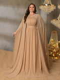 Plus Gorgeous Two-Piece Chiffon Evening Dress | Rhinestone Cape Sleeves & A-Line Skirt with Cathedral Train