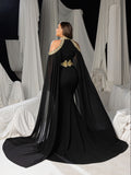 Plus Luxury Mermaid Gown with Flowing Cape & Gold Embellishments for Red Carpet or Luxury Weddings, 1XL-5XL