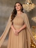 Plus Gorgeous Two-Piece Chiffon Evening Dress | Rhinestone Cape Sleeves & A-Line Skirt with Cathedral Train