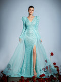 Gigot Sleeves Split Mermaid Hem Sequin Formal Dress