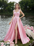 Elegant Applique Detail Sweetheart Neck Split Thigh Satin Prom Dress