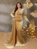 Plus Elegant Pearl Embellished Diagonal Neck Mermaid Hem Velvet Evening Dress