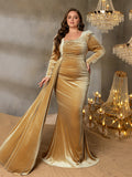 Plus Elegant Pearl Embellished Diagonal Neck Mermaid Hem Velvet Evening Dress