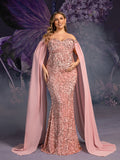 Plus Maternity  Off Shoulder Cape Sleeves Mermaid Hem Sequin Formal Dress