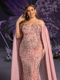 Plus Maternity  Off Shoulder Cape Sleeves Mermaid Hem Sequin Formal Dress