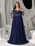 Plus Chiffon V-Neck Evening Gown with Silver Sequined Translucent Sleeves & Floor-Length Skirt