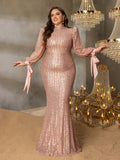 Plus Luxury Sequin Mock Neck Lantern Sleeves Mermaid Hem Formal Dress