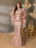Plus Luxury Sequin Mock Neck Lantern Sleeves Mermaid Hem Formal Dress