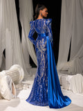 Elegant Sequin Embroidered V-Neck Mermaid Gown | Long Sleeve with Wide Belt & Sweep Train