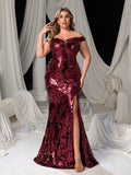 Plus Size Off Shoulder Slit Sequin Mermaid Dress