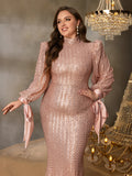 Plus Luxury Sequin Mock Neck Lantern Sleeves Mermaid Hem Formal Dress