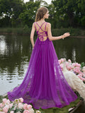 Elegant Backless Floral Applique Detail Tulle Slip Party Dress