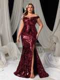 Plus Size Off Shoulder Slit Sequin Mermaid Dress